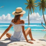 Blondine mit Strohhut sitzt auf dem Strand und blickt zu Horizont